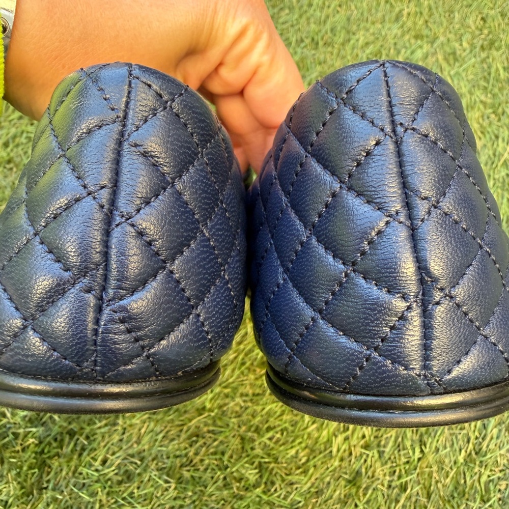 CHANEL CC LOGO BLUE LEATHER MARYJANE BALLET FLATS SHOES QUILTED BLACK CAP TOE 42 - Picture 10 of 17